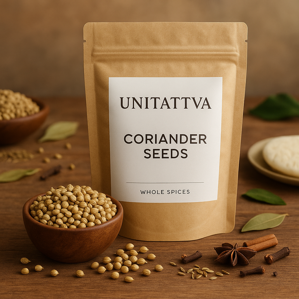UniTattva Premium Whole Coriander Seeds (Dhaniya) – 100% Natural & Pure | Fresh & Citrusy Spice for Curries & Pickles | No Taste Enhancer, No Preservatives, No Added Colors