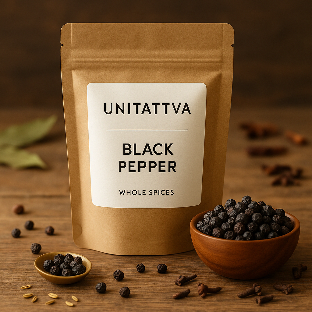 UniTattva Premium Whole Black Pepper (Kali Mirch) – 100% Natural & Pure | Bold & Pungent Spice for Curries & Seasoning | No Taste Enhancer, No Preservatives, No Added Colors