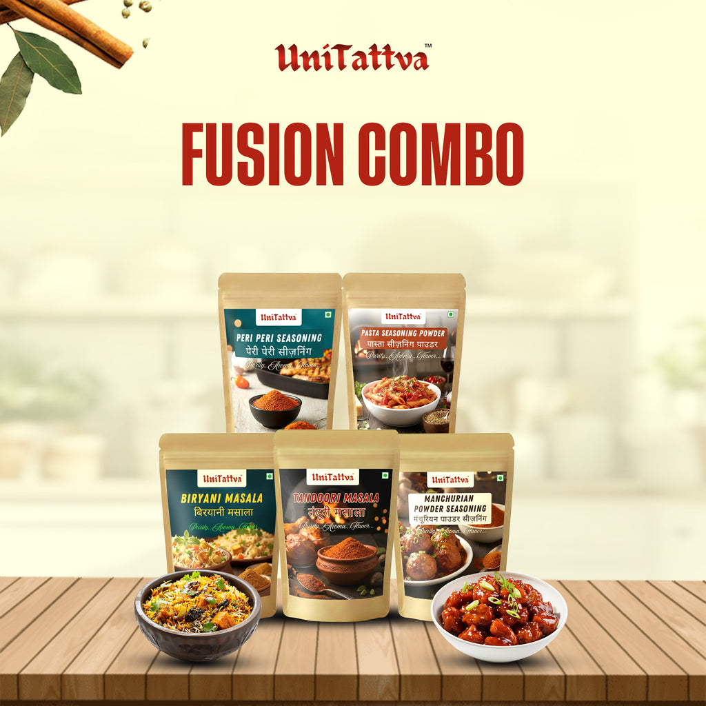 UniTattva Five Fusion Masala Combo Pack | Pasta, Peri-Peri, Tandoori, Manchurian & Biryani Masala
