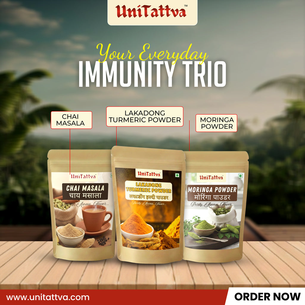 UniTattva Everyday Immunity Trio | Chai Masala, Lakadong Turmeric Powder & Moringa Powder