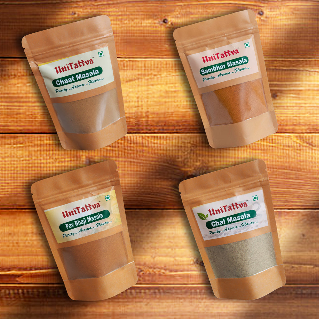 UniTattva Combo – Sambhar Masala, Pav Bhaji Masala, Chaat Masala & Chai Masala | 100% Natural | Each 50 Grams | No Taste Enhancer • No Preservatives • No Added Colors